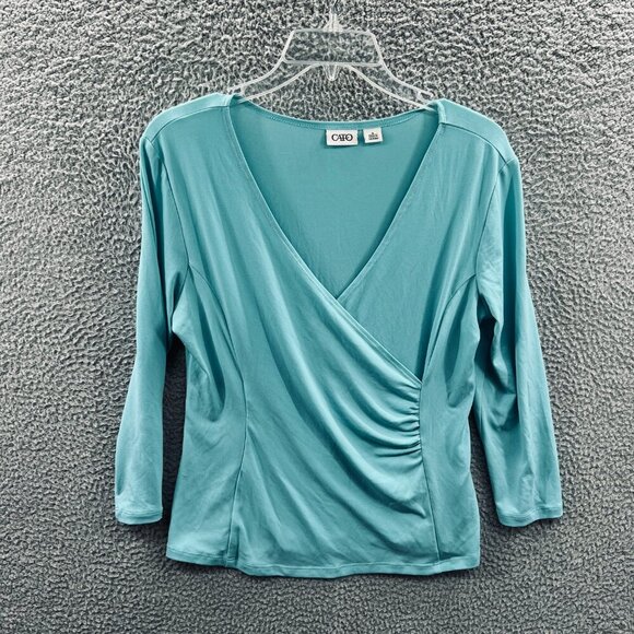 Cato Womens Top Small Blue Faux Wrap Long Sleeve Pullover Shirt Stretch - Picture 1 of 7